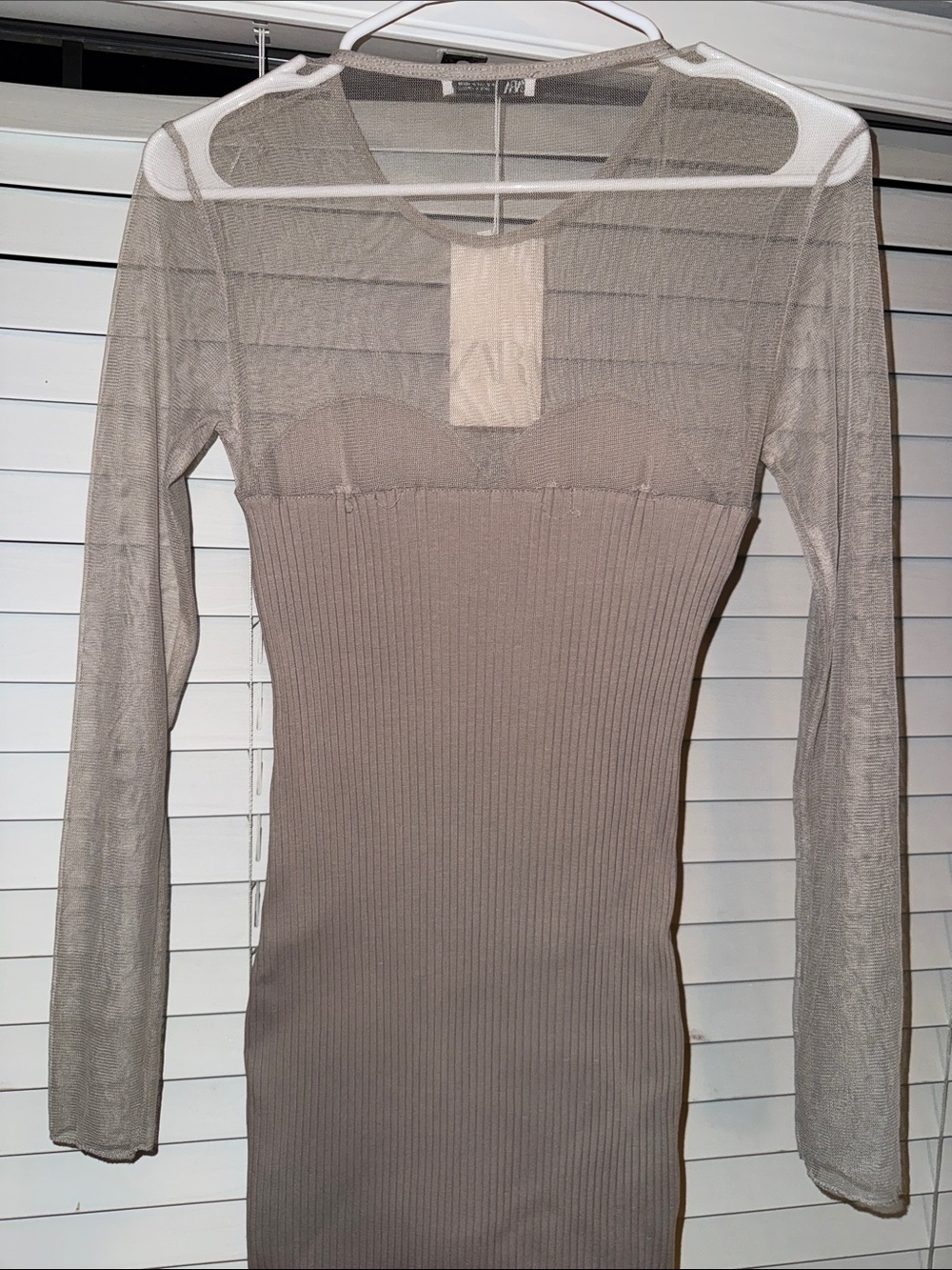 Zara Taupe Ribbed Midi Dress with Sheer Long Sleeves - Picture 4 of 6